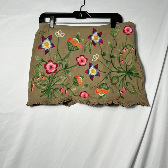 Kori America Floral Embroidered Floral Retro Ruffled Skirt‎ L Brown Multicolored - Picture 1 of 6
